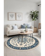 Rovam Vintage Şönil Doğal Pamuk Tabanlı Kaymaz Antibakteriyel Yıkanabilir Yuvarlak Salon Halısı