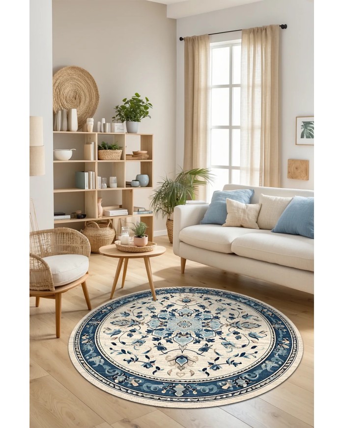 Rovam Vintage Şönil Doğal Pamuk Tabanlı Kaymaz Antibakteriyel Yıkanabilir Yuvarlak Salon Halısı