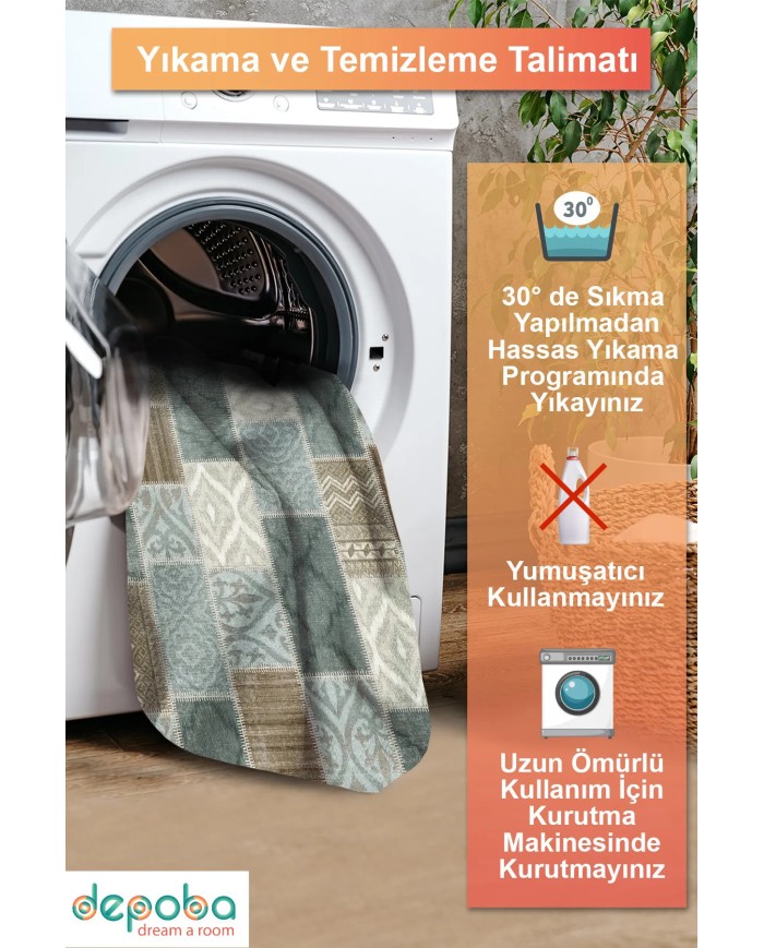 Klame Patchwork Şönil Doğal Pamuk Tabanlı Kaymaz Antibakteriyel Yıkanabilir Çevre Dostu Salon Halısı
