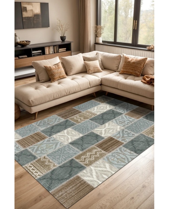 Klame Patchwork Şönil Doğal Pamuk Tabanlı Kaymaz Antibakteriyel Yıkanabilir Çevre Dostu Salon Halısı