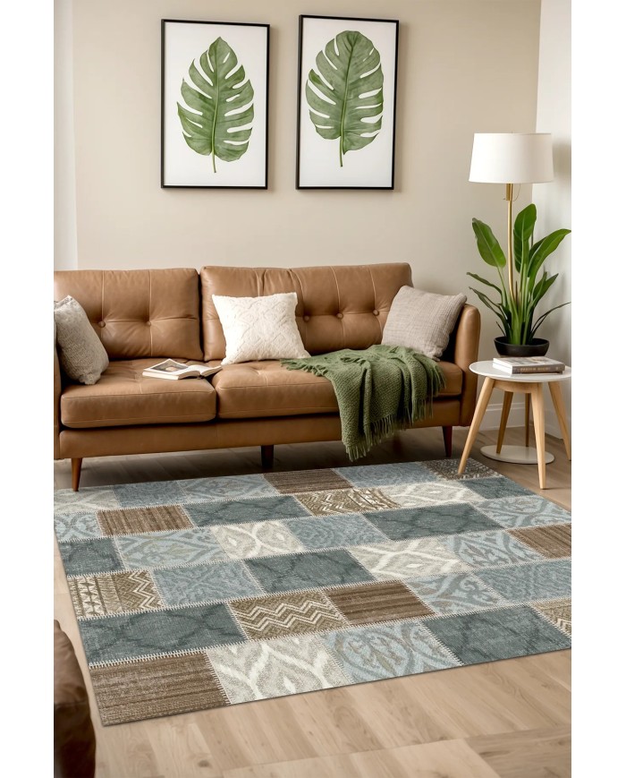 Klame Patchwork Şönil Doğal Pamuk Tabanlı Kaymaz Antibakteriyel Yıkanabilir Çevre Dostu Salon Halısı