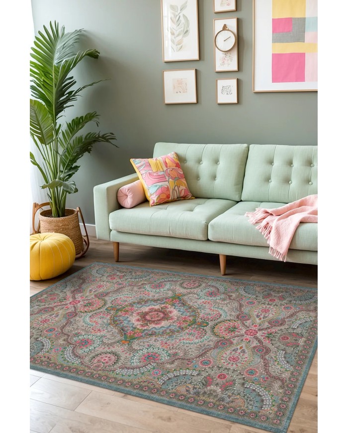 Mente Vintage Şönil Doğal Pamuk Tabanlı Kaymaz Antibakteriyel Yıkanabilir Çevre Dostu Salon Halısı