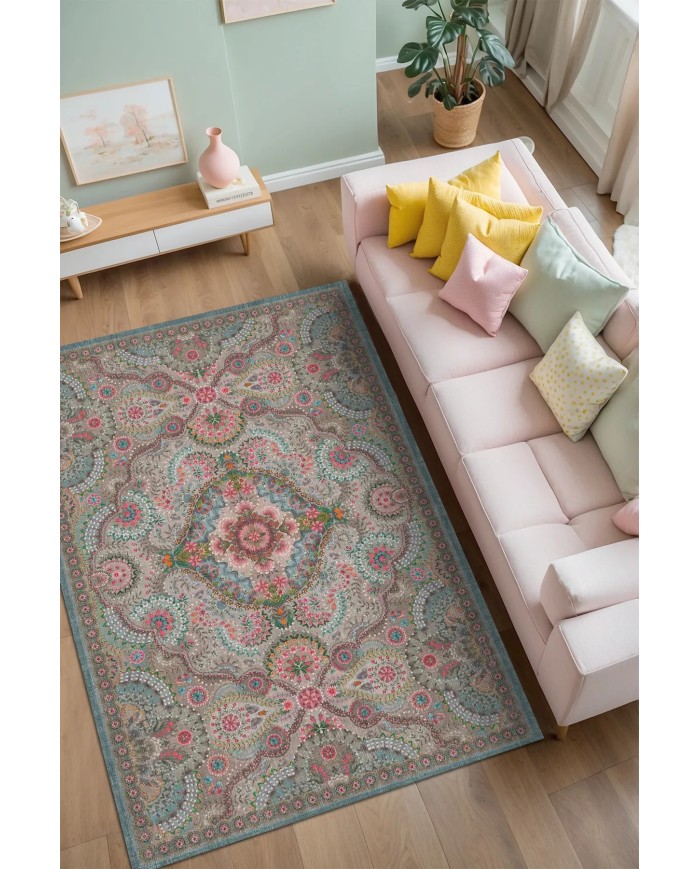 Mente Vintage Şönil Doğal Pamuk Tabanlı Kaymaz Antibakteriyel Yıkanabilir Çevre Dostu Salon Halısı