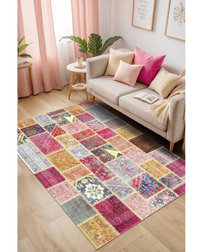 Alvam Patchwork Şönil Doğal Pamuk Tabanlı Kaymaz Antibakteriyel Yıkanabilir Çevre Dostu Salon Halısı
