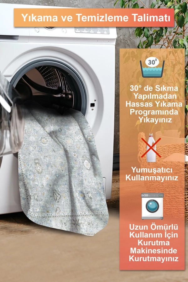 Merin Vintage Şönil Desenli Pamuk Tabanlı Yıkanabilen Kaymaz Antibakteriyel Salon Halısı