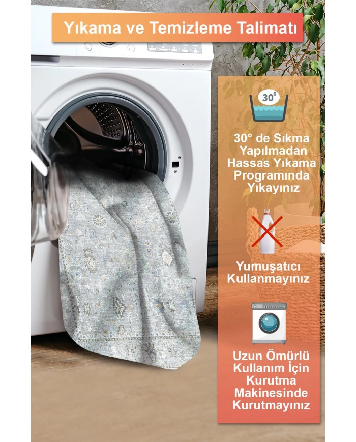 Merin Vintage Şönil Desenli Pamuk Tabanlı Yıkanabilen Kaymaz Antibakteriyel Salon Halısı