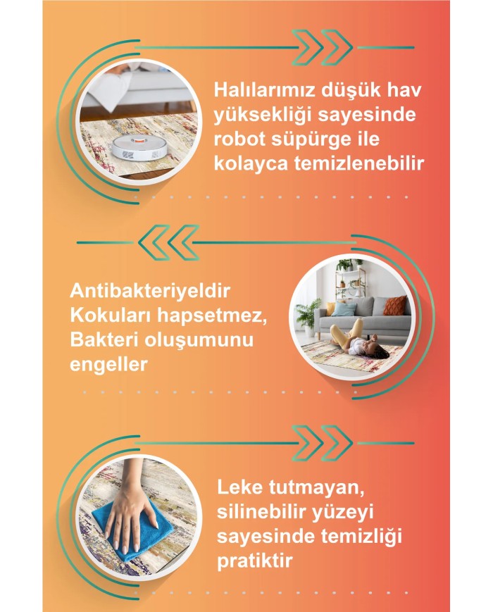 Merin Vintage Şönil Desenli Pamuk Tabanlı Yıkanabilen Kaymaz Antibakteriyel Salon Halısı