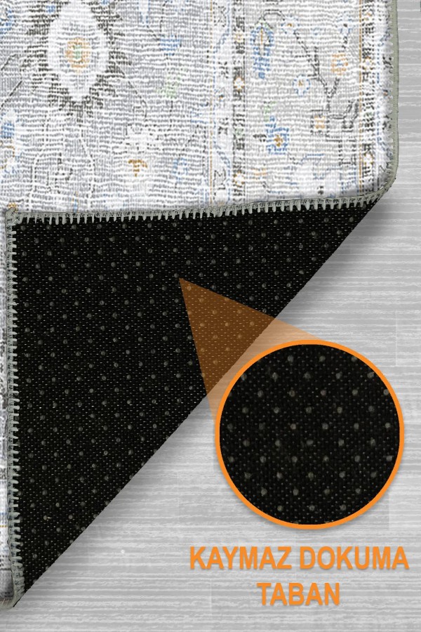 Merin Vintage Şönil Desenli Pamuk Tabanlı Yıkanabilen Kaymaz Antibakteriyel Salon Halısı