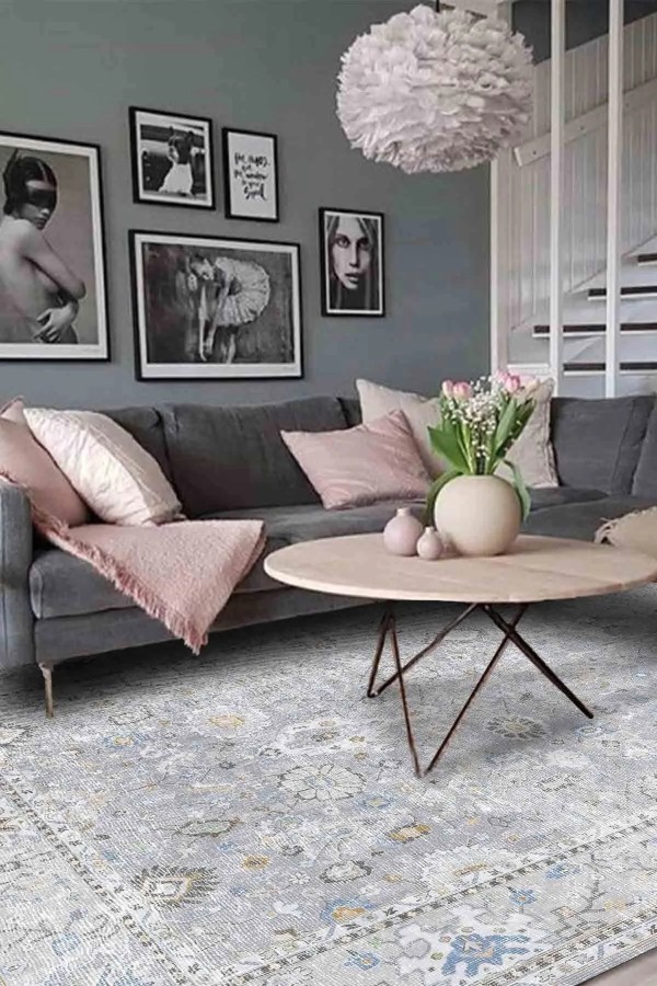 Merin Vintage Şönil Desenli Pamuk Tabanlı Yıkanabilen Kaymaz Antibakteriyel Salon Halısı