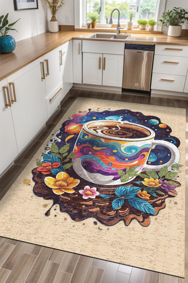 Stera Modern Şönil  Pamuk Tabanlı Kaymaz Yıkanabilen Antibakteriyel Mutfak Halısı