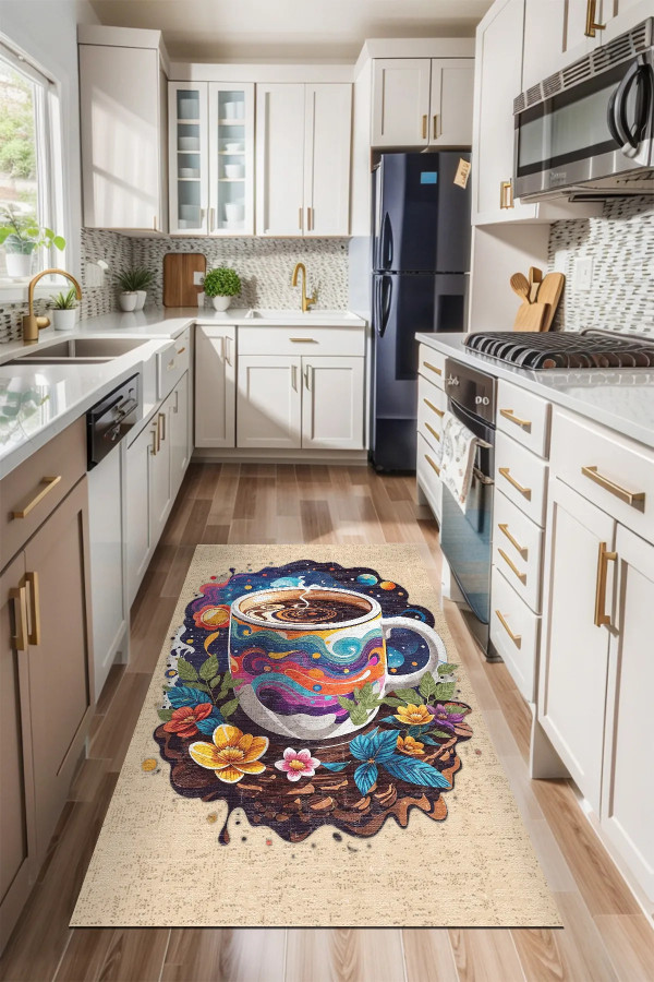 Stera Modern Şönil  Pamuk Tabanlı Kaymaz Yıkanabilen Antibakteriyel Mutfak Halısı