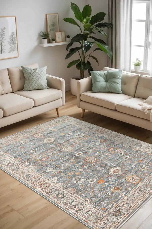 Dasem Vintage Şönil Desenli Pamuk Tabanlı Yıkanabilen Kaymaz Antibakteriyel Salon Halısı