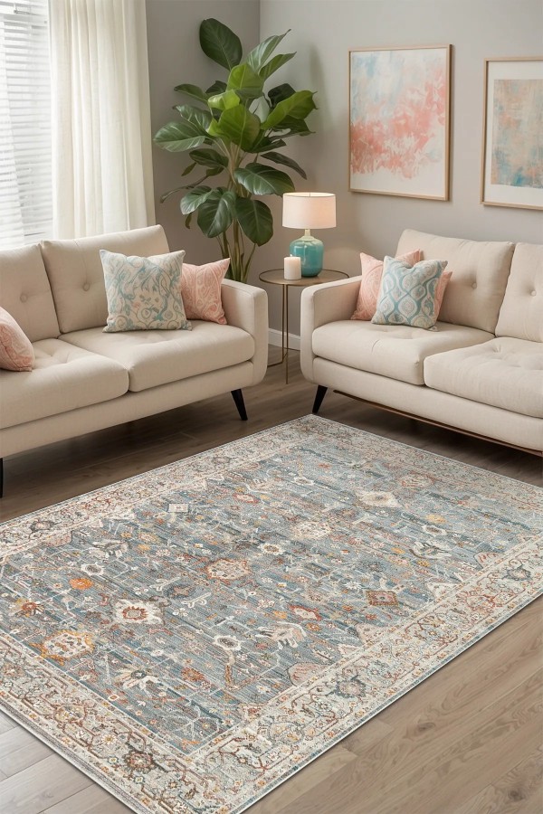 Dasem Vintage Şönil Desenli Pamuk Tabanlı Yıkanabilen Kaymaz Antibakteriyel Salon Halısı