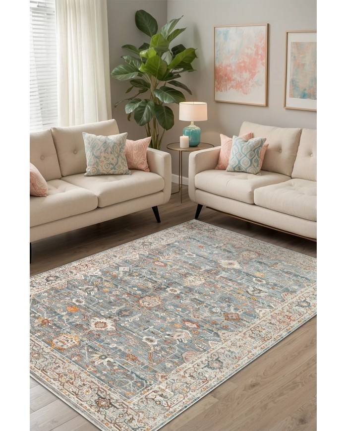 Dasem Vintage Şönil Desenli Pamuk Tabanlı Yıkanabilen Kaymaz Antibakteriyel Salon Halısı