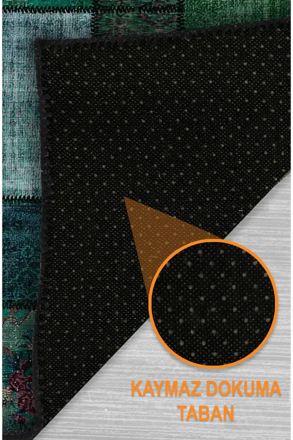 Veola Patchwork Desenli Şönil Pamuk Tabanlı Yıkanabilen Kaymaz Antibakteriyel Salon Halısı