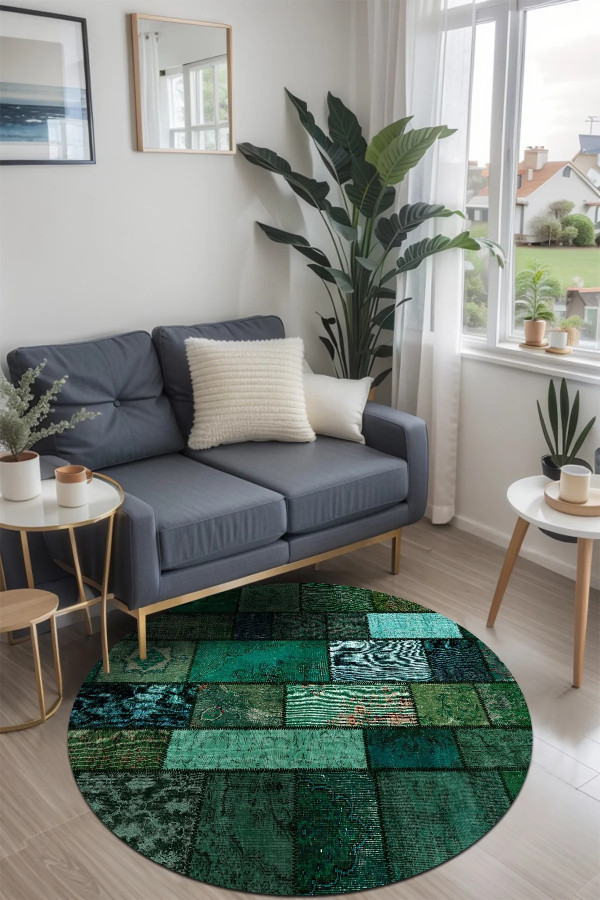 Veola Patchwork Desenli Şönil Pamuk Tabanlı Yıkanabilen Kaymaz Antibakteriyel Salon Halısı