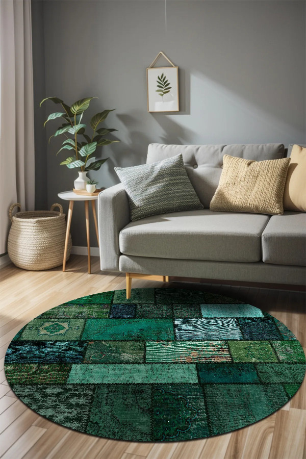 Veola Patchwork Desenli Şönil Pamuk Tabanlı Yıkanabilen Kaymaz Antibakteriyel Salon Halısı