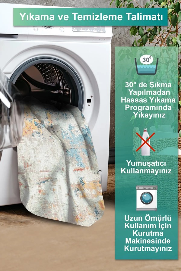 Ayros Modern Şönil Pamuk Tabanlı Yıkanabilen Kaymaz Antibakteriyel Salon Halısı