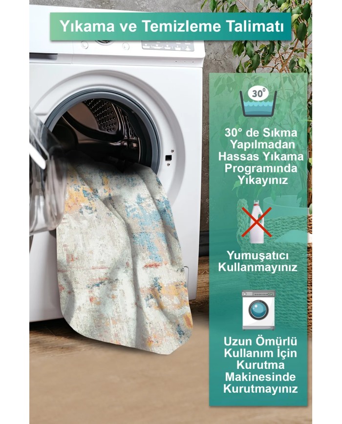 Ayros Modern Şönil Pamuk Tabanlı Yıkanabilen Kaymaz Antibakteriyel Salon Halısı