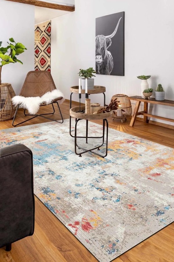 Ayros Modern Şönil Pamuk Tabanlı Yıkanabilen Kaymaz Antibakteriyel Salon Halısı