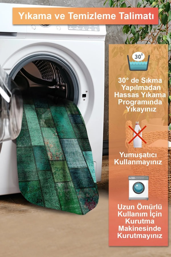 Veola Patchwork Desenli Şönil Pamuk Tabanlı Yıkanabilen Kaymaz Antibakteriyel Salon Halısı
