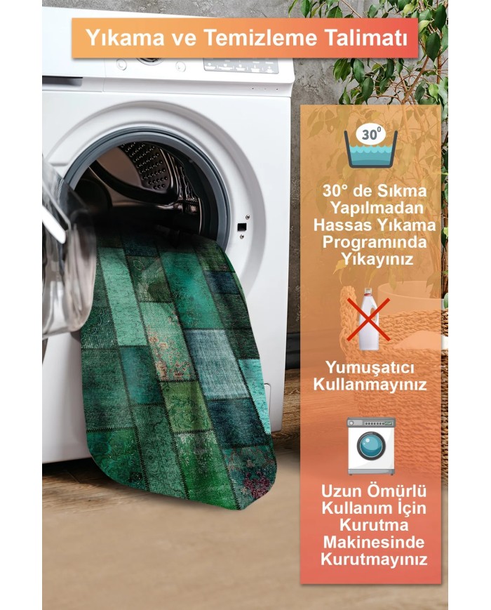 Veola Patchwork Desenli Şönil Pamuk Tabanlı Yıkanabilen Kaymaz Antibakteriyel Salon Halısı