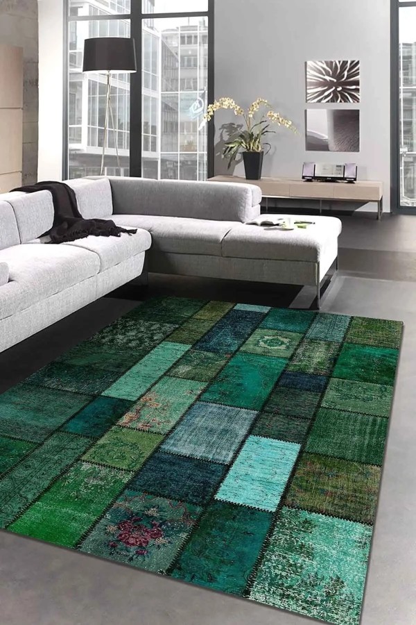 Veola Patchwork Desenli Şönil Pamuk Tabanlı Yıkanabilen Kaymaz Antibakteriyel Salon Halısı