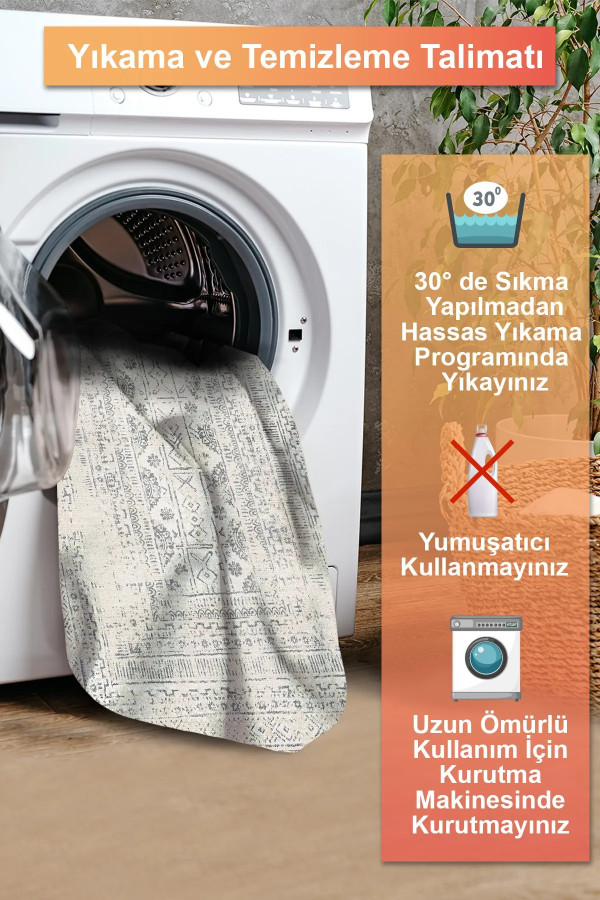 Aranse Vintage Şönil Desenli Pamuk Tabanlı Yıkanabilen Kaymaz Antibakteriyel Salon Halısı