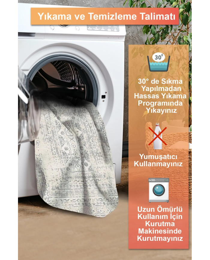 Aranse Vintage Şönil Desenli Pamuk Tabanlı Yıkanabilen Kaymaz Antibakteriyel Salon Halısı