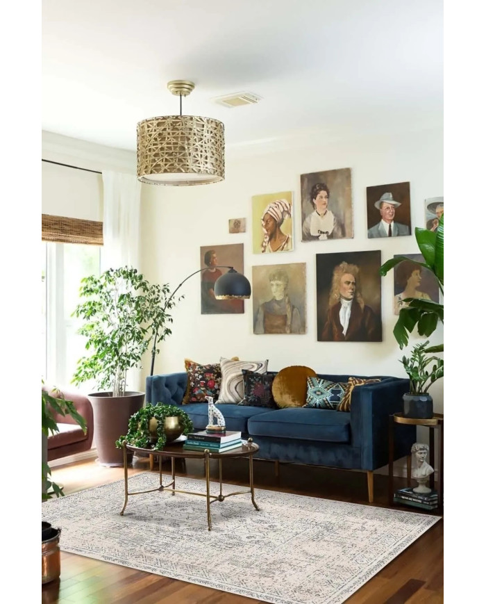 Aranse Vintage Şönil Desenli Pamuk Tabanlı Yıkanabilen Kaymaz Antibakteriyel Salon Halısı