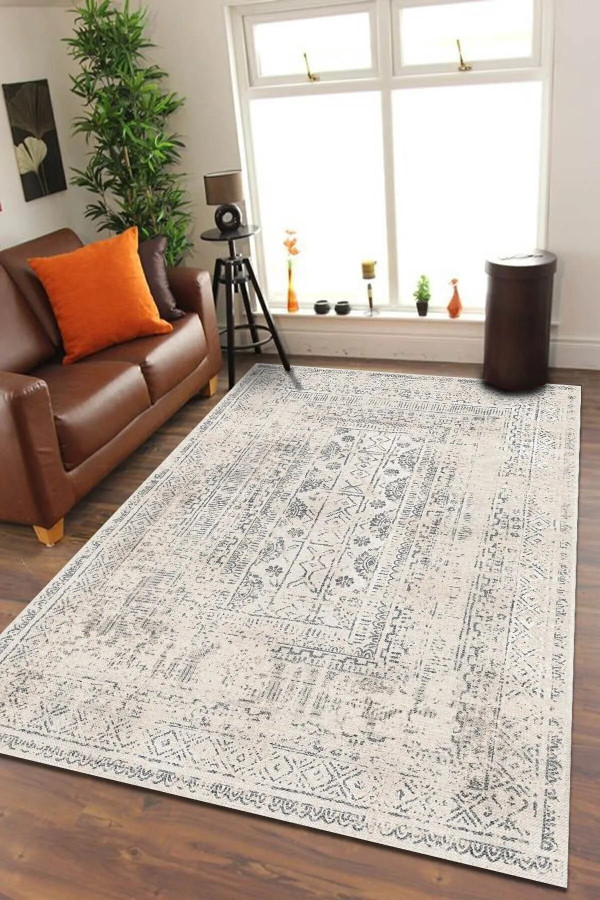 Aranse Vintage Şönil Desenli Pamuk Tabanlı Yıkanabilen Kaymaz Antibakteriyel Salon Halısı