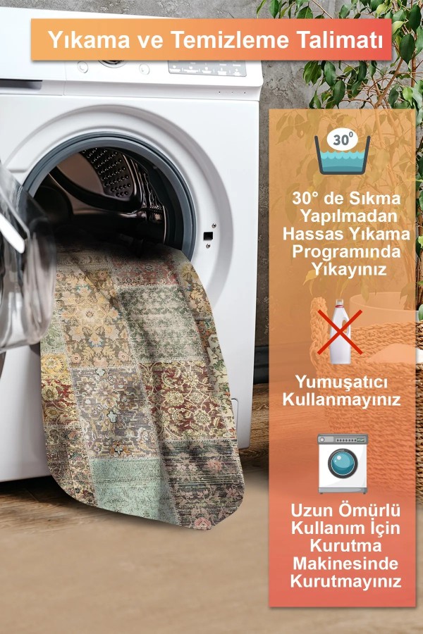 Zepher Patchwork Desenli Şönil Pamuk Tabanlı Yıkanabilen Kaymaz Antibakteriyel Salon Halısı