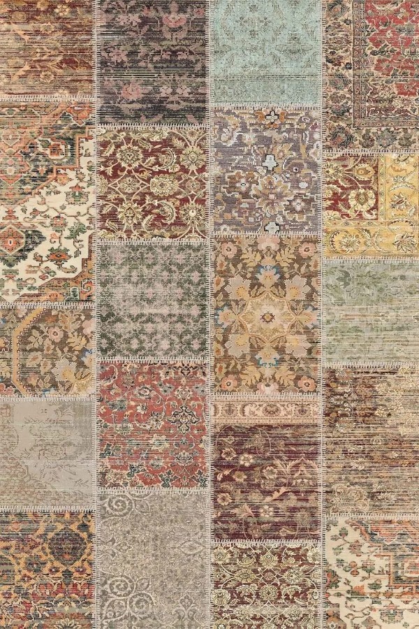 Zepher Patchwork Desenli Şönil Pamuk Tabanlı Yıkanabilen Kaymaz Antibakteriyel Salon Halısı