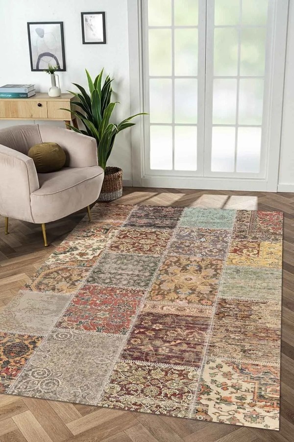 Zepher Patchwork Desenli Şönil Pamuk Tabanlı Yıkanabilen Kaymaz Antibakteriyel Salon Halısı