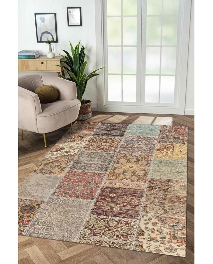 Zepher Patchwork Desenli Şönil Pamuk Tabanlı Yıkanabilen Kaymaz Antibakteriyel Salon Halısı