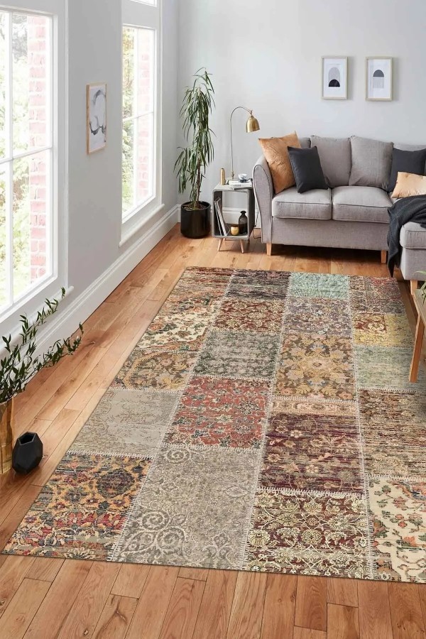 Zepher Patchwork Desenli Şönil Pamuk Tabanlı Yıkanabilen Kaymaz Antibakteriyel Salon Halısı