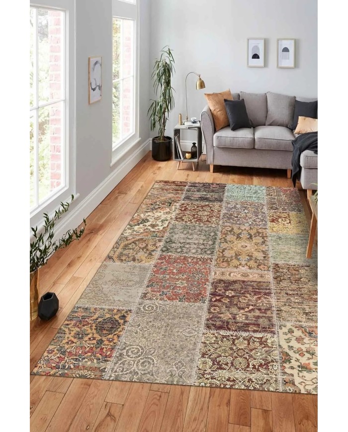 Zepher Patchwork Desenli Şönil Pamuk Tabanlı Yıkanabilen Kaymaz Antibakteriyel Salon Halısı