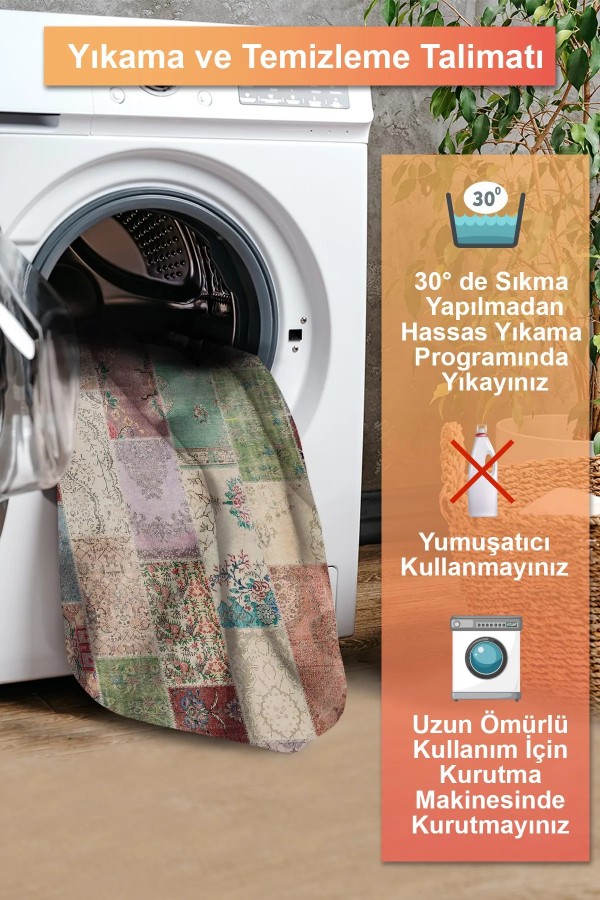 Nevas Patchwork Desenli Şönil Pamuk Tabanlı Yıkanabilen Kaymaz Antibakteriyel Salon Halısı