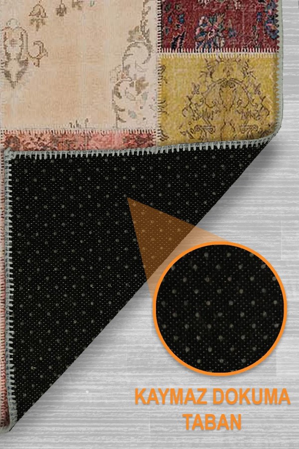 Nevas Patchwork Desenli Şönil Pamuk Tabanlı Yıkanabilen Kaymaz Antibakteriyel Salon Halısı
