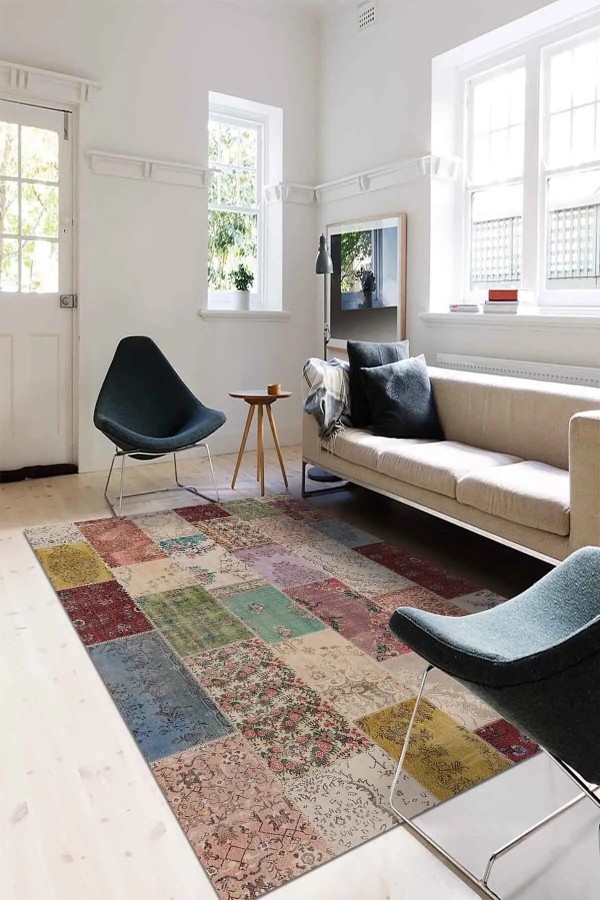 Nevas Patchwork Desenli Şönil Pamuk Tabanlı Yıkanabilen Kaymaz Antibakteriyel Salon Halısı