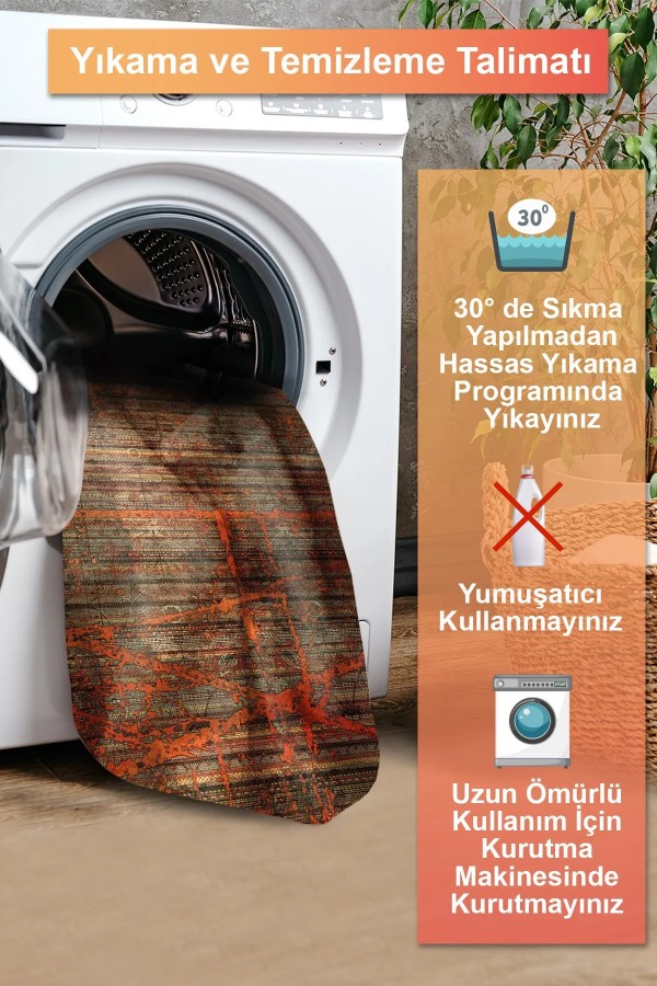 Ayfaz Vintage Desenli Şönil Pamuk Tabanlı Yıkanabilen Kaymaz Antibakteriyel Salon Halısı