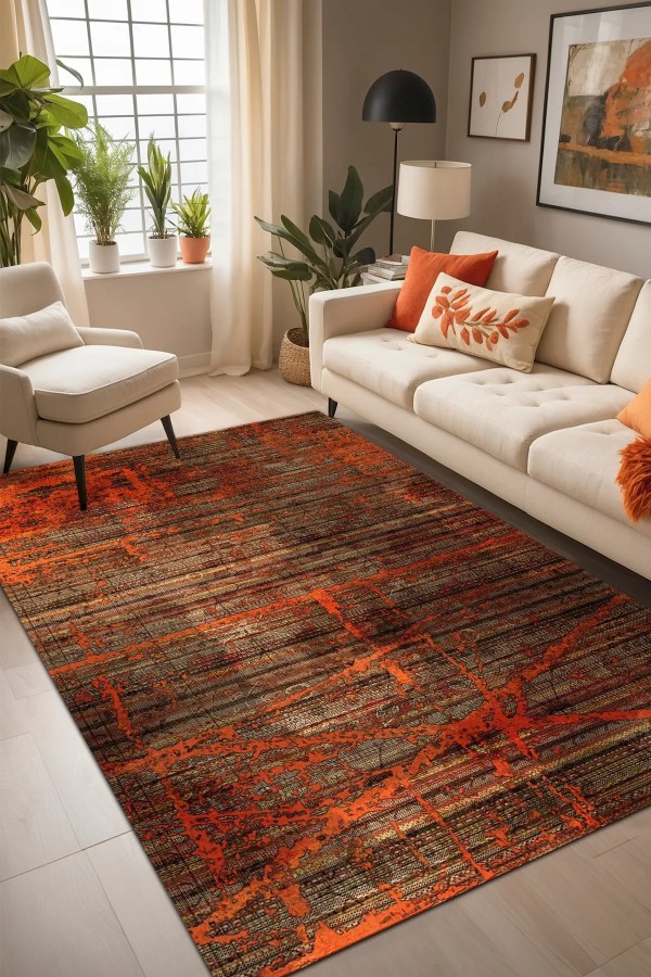 Ayfaz Vintage Desenli Şönil Pamuk Tabanlı Yıkanabilen Kaymaz Antibakteriyel Salon Halısı