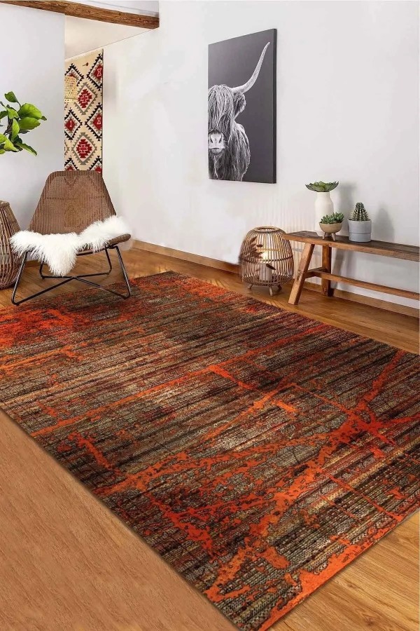 Ayfaz Vintage Desenli Şönil Pamuk Tabanlı Yıkanabilen Kaymaz Antibakteriyel Salon Halısı