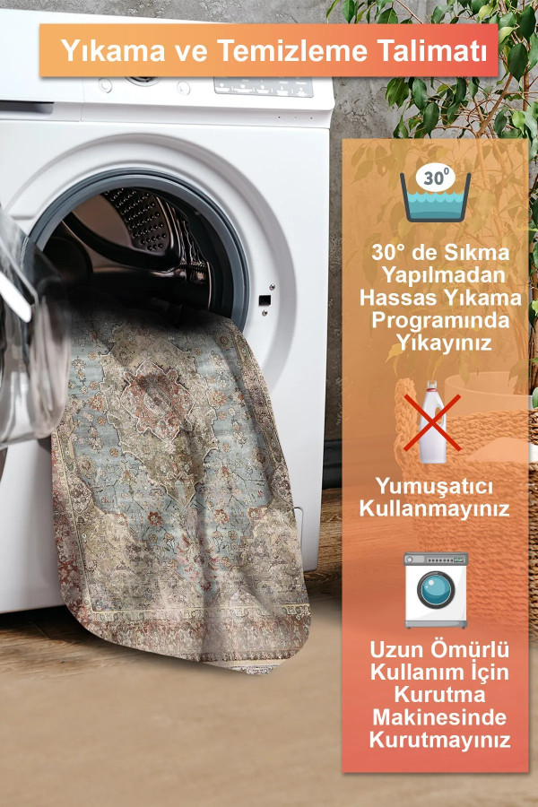 Vorten Şönil Vintage Desenli Pamuk Tabanlı Yıkanabilen Kaymaz Antibakteriyel Salon Halısı