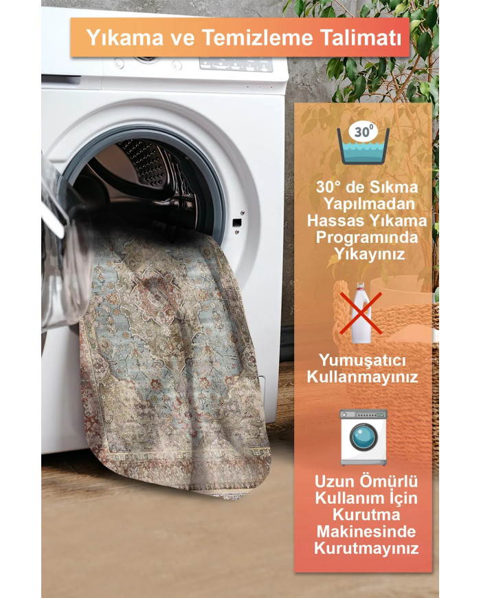 Vorten Şönil Vintage Desenli Pamuk Tabanlı Yıkanabilen Kaymaz Antibakteriyel Salon Halısı
