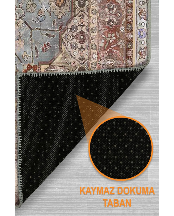 Vorten Şönil Vintage Desenli Pamuk Tabanlı Yıkanabilen Kaymaz Antibakteriyel Salon Halısı