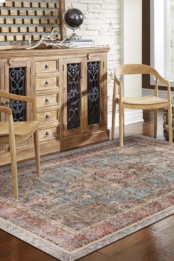 Vorten Şönil Vintage Desenli Pamuk Tabanlı Yıkanabilen Kaymaz Antibakteriyel Salon Halısı