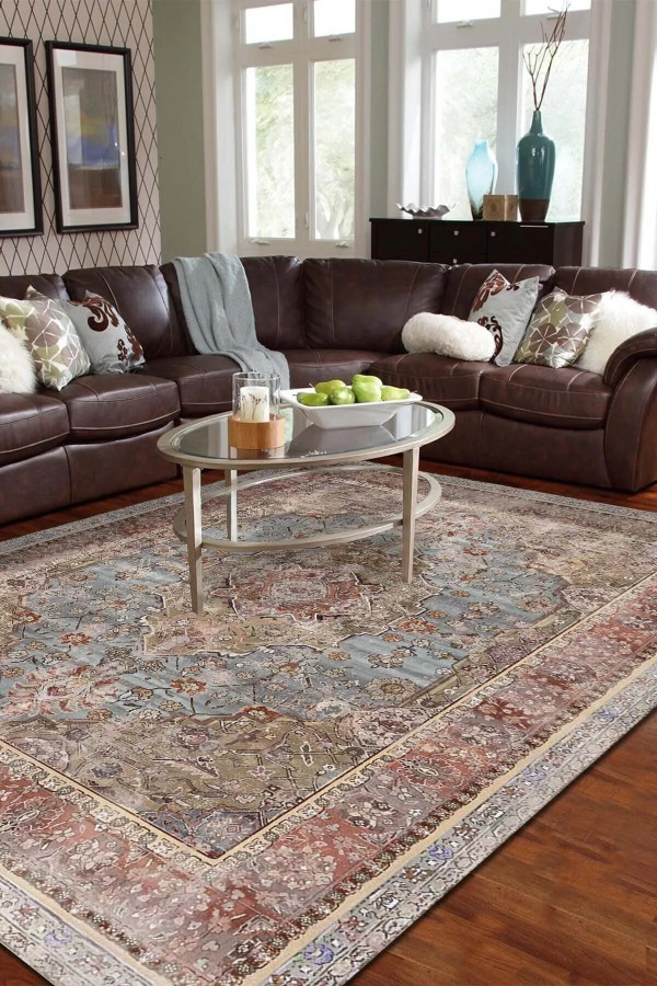 Vorten Şönil Vintage Desenli Pamuk Tabanlı Yıkanabilen Kaymaz Antibakteriyel Salon Halısı