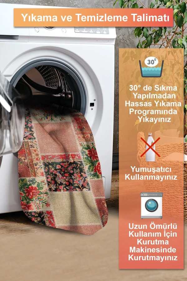 Homel Patchwork Desenli Şönil Pamuk Tabanlı Yıkanabilen Kaymaz Antibakteriyel Salon Halısı
