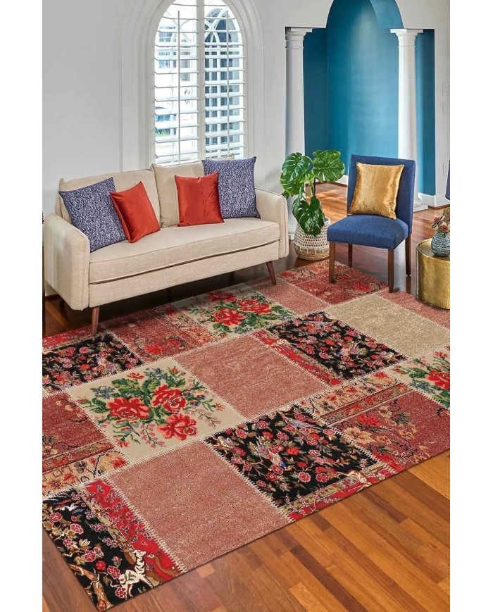 Homel Patchwork Desenli Şönil Pamuk Tabanlı Yıkanabilen Kaymaz Antibakteriyel Salon Halısı